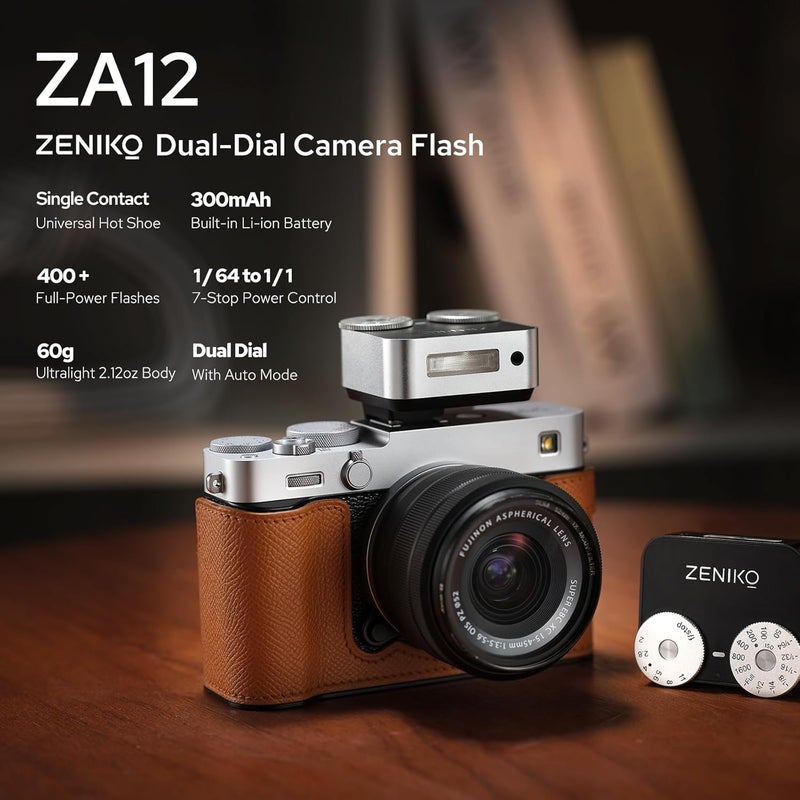 ZENIKO ZA-12S Dual Dial Retro Mini Flash - 2.5s Recycle, 7-Level Power, 400 Shots Single-Contact hotshoe Camera Flash for Fujifilm XM5/XT3, Sony A7M3, Ricoh GR3/4 Camera(Silver) - Image 2